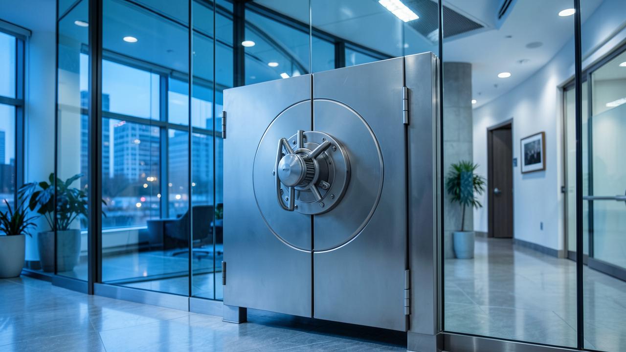 A vault door inside a modern bank lobby